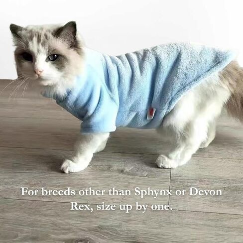 ملابس قطط من الفلانيل، سترة شتوية دافئة وناعمة وقميص ملابس للقطط من نوع Sphynx Devon والقطط الداخلية (أزرق، L) in Kuwait