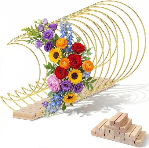 12 Pack Moon Shaped Metal Floral Hoop Metal Wreath Ring Stand with Wooden Base Hoops for Crafts Dream Catcher Ring for Weddings, Banquets, Parties and Home Decoration-Gold in Saudi Arabia