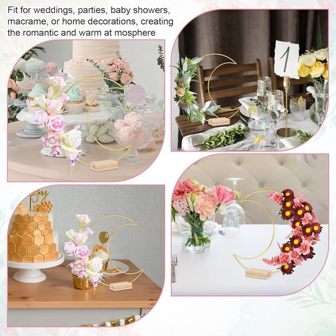 12 Pack Moon Shaped Metal Floral Hoop Metal Wreath Ring Stand with Wooden Base Hoops for Crafts Dream Catcher Ring for Weddings, Banquets, Parties and Home Decoration-Gold in Saudi Arabia