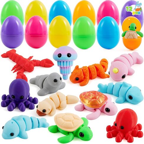 JOYIN 12Pcs Prefilled Easter Eggs with Mini Sea Animals, Articulated Toys, 3D Printed Toys, Basket Stuffers for Boys & Girls, Party Favors, Easter Egg Hunt, Classroom Supplies(Age 8+) in Saudi Arabia