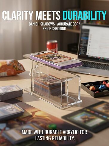 ماسح ضوئي لبطاقات التداول بارتفاع قابل للتعديل - حامل ماسح ضوئي لبطاقات MTG وTCG، تصميم أكريليك خالٍ من الظل، مسح سريع لسعر التحقق من بطاقات MTG، مثالي لفهرسة البطاقات الجديدة بالجملة، متوافق مع تطبيق ManaBox in Kuwait