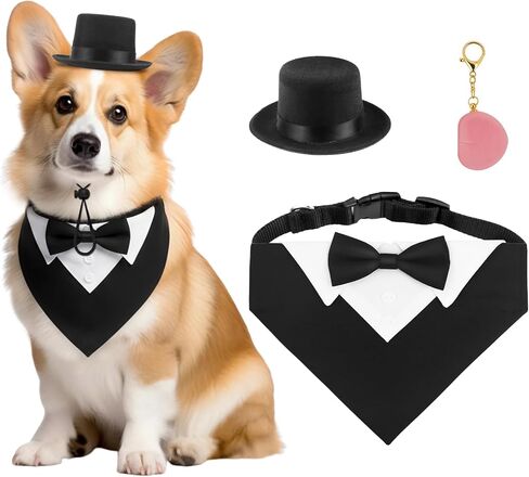 FunMular 3Pcs Formal Dog Tuxedo Accessories Set Adjustable Wedding Collar Bandana with Bow Tie Pet Top Hat for Large X-Large Dogs New Years Wedding Birthday Party in Saudi Arabia