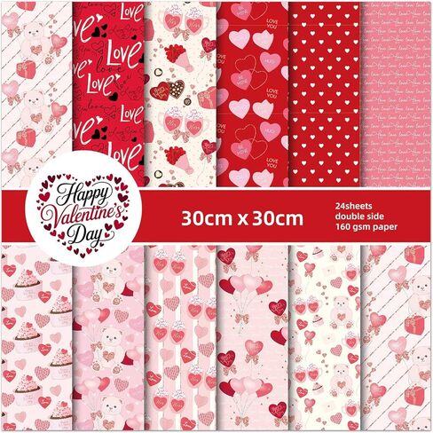 24 Sheets Valentine Pattern Paper Watercolor Heart Love Scrapbooking Double-Sided Red Pink Craft Paper Folded Flat for DIY Card Making Scrapbook Photo Album Journal Decor, 12 Design in Saudi Arabia