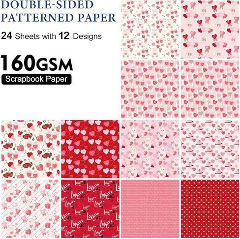 24 Sheets Valentine Pattern Paper Watercolor Heart Love Scrapbooking Double-Sided Red Pink Craft Paper Folded Flat for DIY Card Making Scrapbook Photo Album Journal Decor, 12 Design in Saudi Arabia