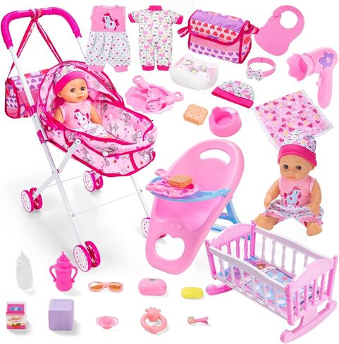 Baby Doll Stroller Play Set with 12.5" Baby Dolls, 28 Pcs Pretend Role Play Doll Accessories Including Crib, Dining Chair, Doll Clothes, Sunglass, Handbag for Girls Toddlers 3-5 4-6 5-7 in Kuwait
