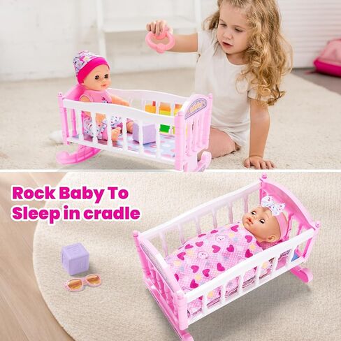 Baby Doll Stroller Play Set with 12.5" Baby Dolls, 28 Pcs Pretend Role Play Doll Accessories Including Crib, Dining Chair, Doll Clothes, Sunglass, Handbag for Girls Toddlers 3-5 4-6 5-7 in Kuwait