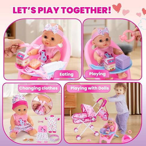 Baby Doll Stroller Play Set with 12.5" Baby Dolls, 28 Pcs Pretend Role Play Doll Accessories Including Crib, Dining Chair, Doll Clothes, Sunglass, Handbag for Girls Toddlers 3-5 4-6 5-7 in Kuwait