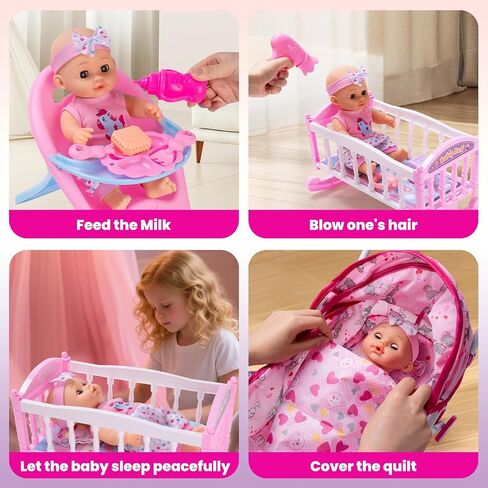 Baby Doll Stroller Play Set with 12.5" Baby Dolls, 28 Pcs Pretend Role Play Doll Accessories Including Crib, Dining Chair, Doll Clothes, Sunglass, Handbag for Girls Toddlers 3-5 4-6 5-7 in Kuwait