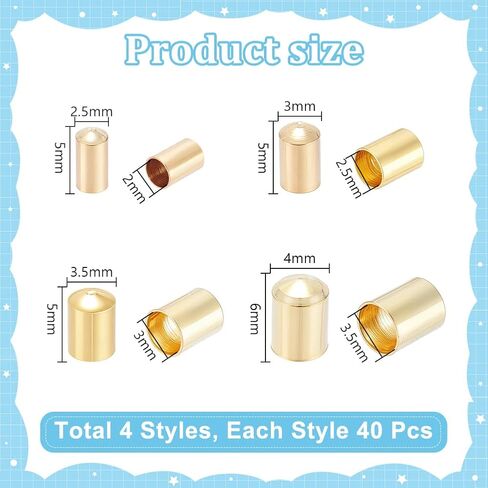 NBEADS 160 Pcs 4 Sizes Cord Ends Caps, Brass Column End Caps Cord Terminators End Caps for Necklaces Bracelets Earrings Jewelry Making 2.5/3/3.5/4 mm Golden in Saudi Arabia