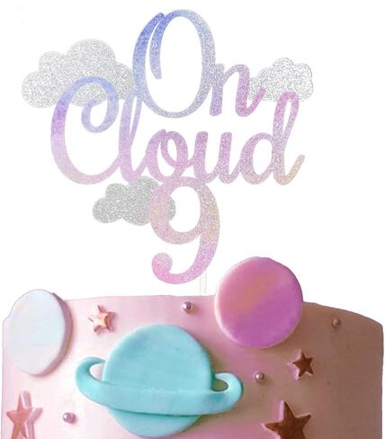 غلاف كعكة FestusDecor Glitter On Cloud 9 - ديكور كعكة عيد الميلاد التاسع، ديكور حفلات متدرج اللون للفتيات in Saudi Arabia