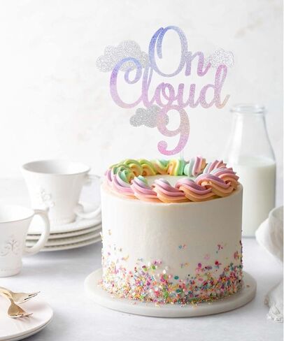 غلاف كعكة FestusDecor Glitter On Cloud 9 - ديكور كعكة عيد الميلاد التاسع، ديكور حفلات متدرج اللون للفتيات in Saudi Arabia