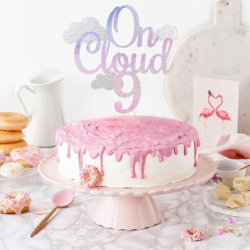 غلاف كعكة FestusDecor Glitter On Cloud 9 - ديكور كعكة عيد الميلاد التاسع، ديكور حفلات متدرج اللون للفتيات in Saudi Arabia