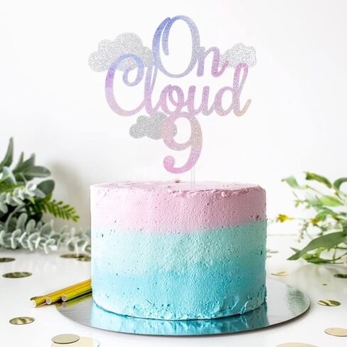 غلاف كعكة FestusDecor Glitter On Cloud 9 - ديكور كعكة عيد الميلاد التاسع، ديكور حفلات متدرج اللون للفتيات in Saudi Arabia