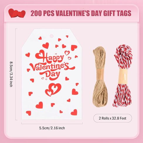 FOBSME 200 Pcs Red Valentine's Day Gift Tags with String 3.35x2.17 Inch Happy Valentine's Day Tags Paper Valentines Heart Hanging Tag for Gift Wrapping, Treat Bags, Party Decorations, DIY Crafts in Saudi Arabia