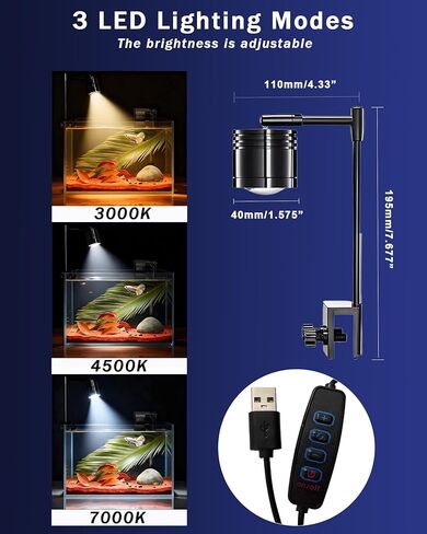 مصباح LED لحوض السمك، مصباح حوض السمك بمشبك 5 وات، 3 ألوان، ذراع ثابت 7.7 بوصة، إضاءة سفلية USB 5 فولت in Kuwait