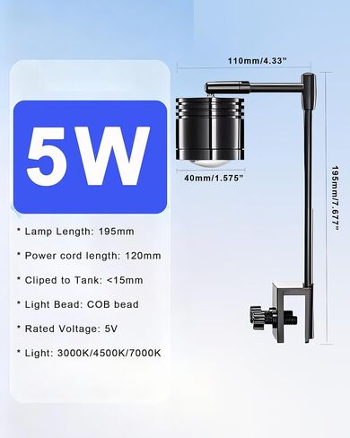 مصباح LED لحوض السمك، مصباح حوض السمك بمشبك 5 وات، 3 ألوان، ذراع ثابت 7.7 بوصة، إضاءة سفلية USB 5 فولت in Kuwait