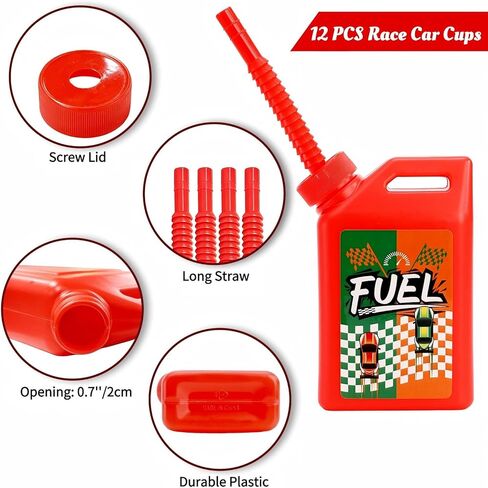 12 Pack Race Car Cups with Straws, 11Oz Small Plastic Cars Themed Drinking Cup Set, Race Car Fuel Can Party Supplies, Racing Theme Decoration for Baby Shower, Birthday Party Favor, Red in Saudi Arabia