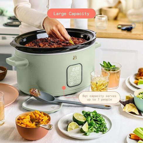 Beautiful 6 Quart Programmable Slow Cooker, 5 Cooking Presets, Digital Countdown Timer, Dishwasher Safe Parts by Drew Barrymore (Sage Green) in Saudi Arabia