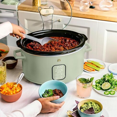 Beautiful 6 Quart Programmable Slow Cooker, 5 Cooking Presets, Digital Countdown Timer, Dishwasher Safe Parts by Drew Barrymore (Sage Green) in Saudi Arabia