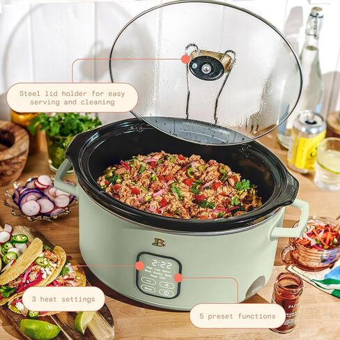 Beautiful 6 Quart Programmable Slow Cooker, 5 Cooking Presets, Digital Countdown Timer, Dishwasher Safe Parts by Drew Barrymore (Sage Green) in Saudi Arabia