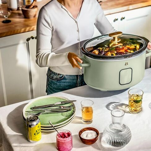 Beautiful 6 Quart Programmable Slow Cooker, 5 Cooking Presets, Digital Countdown Timer, Dishwasher Safe Parts by Drew Barrymore (Sage Green) in Saudi Arabia