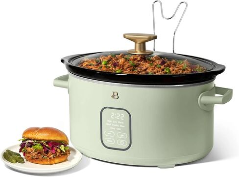 Beautiful 6 Quart Programmable Slow Cooker, 5 Cooking Presets, Digital Countdown Timer, Dishwasher Safe Parts by Drew Barrymore (Sage Green) in Saudi Arabia