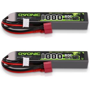 بطارية ليبو OVONIC 3s 11.1 فولت 1000 مللي أمبير في الساعة 80C مع قابس T على طراز دين، عبوتين من بطاريات ليبو لأبعاد مسدسات Airsoft [4.1 * 0.78 * 0.63] (عبوتان في عبوة واحدة) in Kuwait