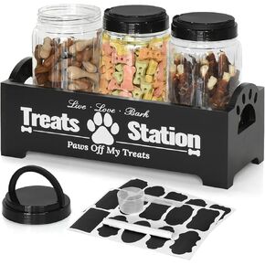 حاوية تخزين طعام الكلاب مع 3 برطمانات محكمة الغلق، حاوية طعام الكلاب للمنضدة، حاويات تخزين طعام الحيوانات الأليفة مع وعاء طعام الكلاب، حاوية طعام خشبية للكلاب مع مجارف وملصقات وقلم (أسود) in Kuwait