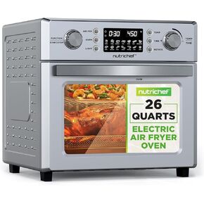 NutriChef 26L Electric Air Fryer Oven | 1700W Countertop Rotisserie & Air Fryer | 360° Rotating Feature | 10 Menu Presets | Includes Drip Tray, Air Frying Basket & Bake Rack 15x16x14 | Stainless Steel in Kuwait