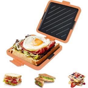 صانع شطائر الميكروويف، محمصة ساندويتش، صانع بانيني طبق غير لاصق، صانع الجبن المشوي والتوست، آمن للاستخدام في غسالة الأطباق، طهي سريع للخبز المحمص والسندويشات والبانيني والفطائر (برتقالي) in Kuwait