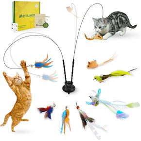 Upgraded Dual-Hole Suction Cup Cat Wand Toy - Single Base Holds 2 Steel Wire Wands - 9-Piece Interactive Teaser Set for Self-Play & Handheld, Perfect for Multi-Cat & High-Energy Kittens in Saudi Arabia