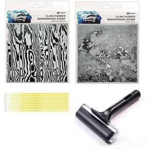 Simon Hurley Cling Rubber Background Stamp Bundle - Background Stamps Bold Woodgrain and Watercolor with Brayer Roller with Trebbies Detail Sticks in Saudi Arabia
