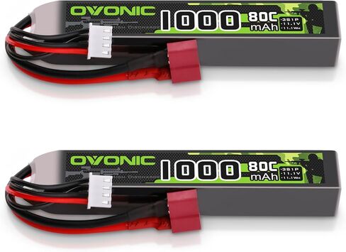 بطارية ليبو OVONIC 3s 11.1 فولت 1000 مللي أمبير في الساعة 80C مع قابس T على طراز دين، عبوتين من بطاريات ليبو لأبعاد مسدسات Airsoft [4.1 * 0.78 * 0.63] (عبوتان في عبوة واحدة) in Kuwait