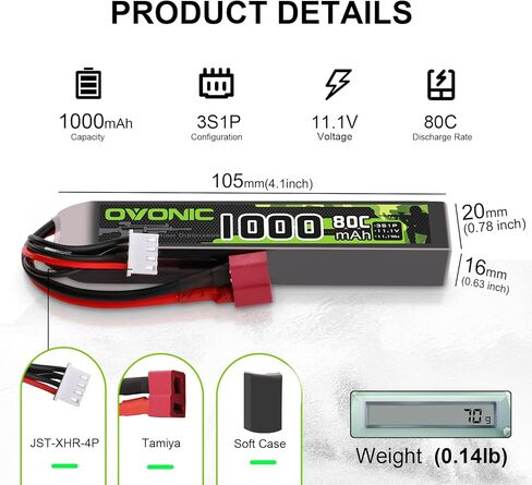 بطارية ليبو OVONIC 3s 11.1 فولت 1000 مللي أمبير في الساعة 80C مع قابس T على طراز دين، عبوتين من بطاريات ليبو لأبعاد مسدسات Airsoft [4.1 * 0.78 * 0.63] (عبوتان في عبوة واحدة) in Kuwait