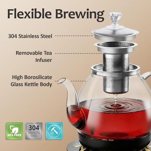 HHT Electric Tea Maker with Infuser, ±1℉ Precise Temperature Control, Glass Electric Kettle for Herbal,Flowers,Fruit Tea and Loose Leaf,BPA-Free,Auto Shut-Off,Brewing Program,Keep Warm,0.8L/27oz in Kuwait