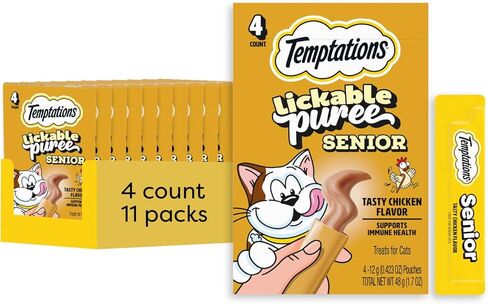 Temptations Puree Senior Cat Treats Lickable, Tasty Chicken Flavor, 4 Pouches (Pack of 11) in Saudi Arabia