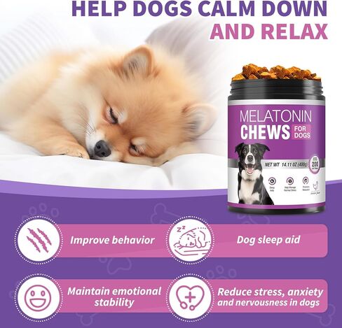 الميلاتونين المهدئ للكلاب، 200 مضغ للحيوانات الأليفة، علاج مهدئ للمساعدة في النوم، حبوب النوم، لدغات الميلاتونين الجرو، تدعم التوتر، وتخفيف القلق، والفصل بين الكلاب الصغيرة والكبيرة (نكهة الدجاج) in Kuwait