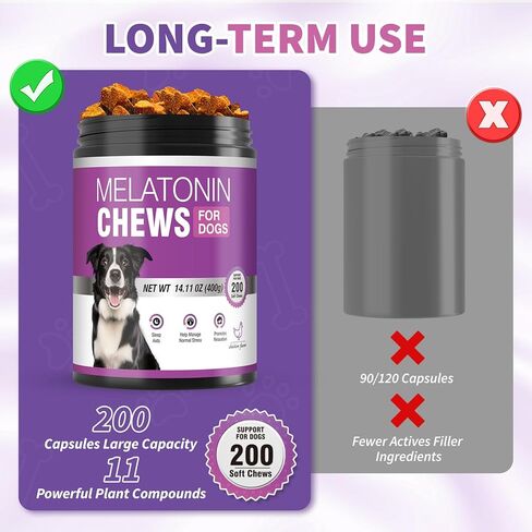 الميلاتونين المهدئ للكلاب، 200 مضغ للحيوانات الأليفة، علاج مهدئ للمساعدة في النوم، حبوب النوم، لدغات الميلاتونين الجرو، تدعم التوتر، وتخفيف القلق، والفصل بين الكلاب الصغيرة والكبيرة (نكهة الدجاج) in Kuwait