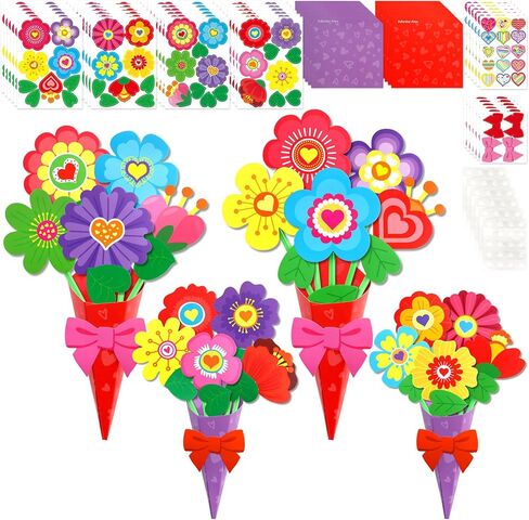WorldBazaar Valentine’s Day Flower Bouquet Craft for Kids 24Pcs DIY Valentine Heart Floral Paper Craft Classroom School Exchange Gift Party Favors in Saudi Arabia