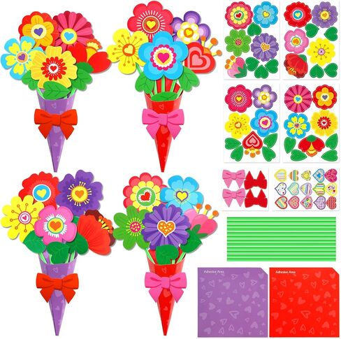WorldBazaar Valentine’s Day Flower Bouquet Craft for Kids 24Pcs DIY Valentine Heart Floral Paper Craft Classroom School Exchange Gift Party Favors in Saudi Arabia