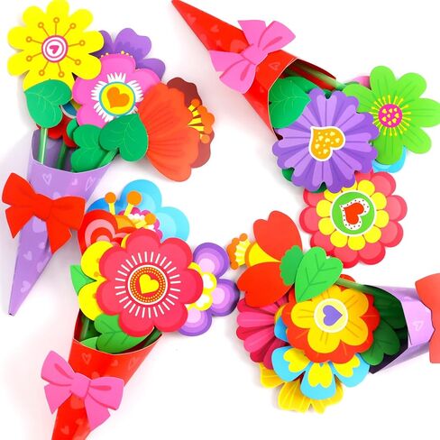 WorldBazaar Valentine’s Day Flower Bouquet Craft for Kids 24Pcs DIY Valentine Heart Floral Paper Craft Classroom School Exchange Gift Party Favors in Saudi Arabia