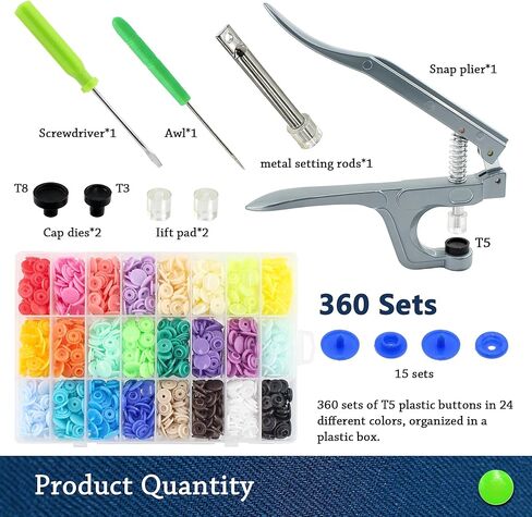 SHRJ 360 Sets T5 Snaps Buttons No Sew Plastic Snaps Fasteners with Pliers Tools 24 Colors Snap Fasteners Buttons Kit for Sewing Clothes Fabric DIY Crafting (with Pliers Tool) in Saudi Arabia