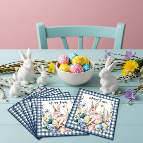 50Pcs Happy Easter Party Napkins Watercolor Bunny Rabbit Flower Egg Party Decorations Spring Floral Theme Party Supplies Disposable Drink Luncheon Dinner Table Decor Supplies Napkins 6.5" x 6.5" in Saudi Arabia