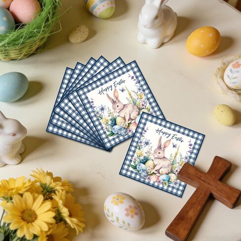 50Pcs Happy Easter Party Napkins Watercolor Bunny Rabbit Flower Egg Party Decorations Spring Floral Theme Party Supplies Disposable Drink Luncheon Dinner Table Decor Supplies Napkins 6.5" x 6.5" in Saudi Arabia