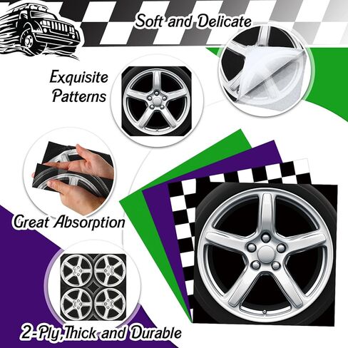 Epakh 100 Pcs Monster Truck Napkins Monster Party Paper Napkins Green Purple Racing Car Disposable Tissue Black and White Checked Themed Dinner Napkin for Racing Car Birthday Supplies in Saudi Arabia