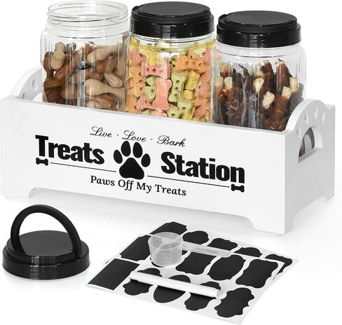 حاوية تخزين طعام الكلاب مع 3 برطمانات محكمة الغلق، حاوية طعام الكلاب للمنضدة، حاويات تخزين طعام الحيوانات الأليفة مع وعاء طعام الكلاب، حاوية طعام خشبية للكلاب مع مجارف وملصقات وقلم (أسود) in Kuwait