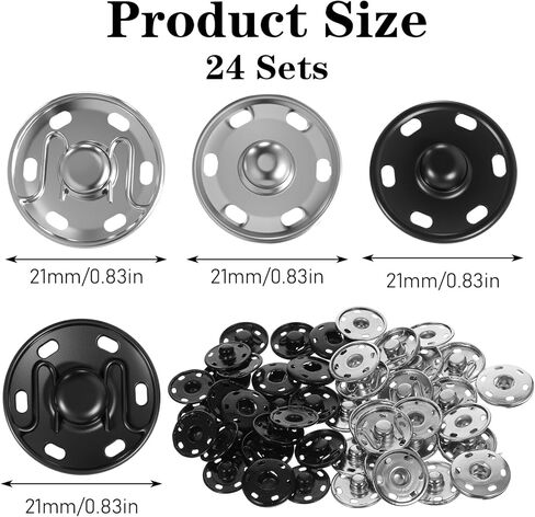 TIESOME 24 Pairs Large Press Studs, 21mm Press Studs for Clothing Sew-On Snap Fasteners, Heavy Duty Metal Black & Silver for Jackets, Coats, Bags, Repair & DIY Crafts in Saudi Arabia