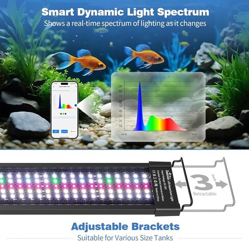Bluetooth LED Aquarium Light with APP Control, 3 Modes for 18-24 Inch Fish Tank Light with Full Spectrum White Blue Red Green Lights, IP68 Waterproof with Extendable Brackets for Freshwater in Kuwait