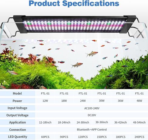Bluetooth LED Aquarium Light with APP Control, 3 Modes for 18-24 Inch Fish Tank Light with Full Spectrum White Blue Red Green Lights, IP68 Waterproof with Extendable Brackets for Freshwater in Kuwait