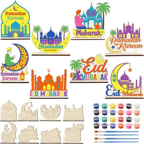 8 مجموعات خشبية لشهر رمضان والعيد، لافتات خشبية لعيد مبارك DIY مع شرائط طلاء وفرش طلاء، قم بطلاء رمضان كهدية للمسلمين، مستلزمات الحفلات الإسلامية، تزيين الطاولة in Kuwait